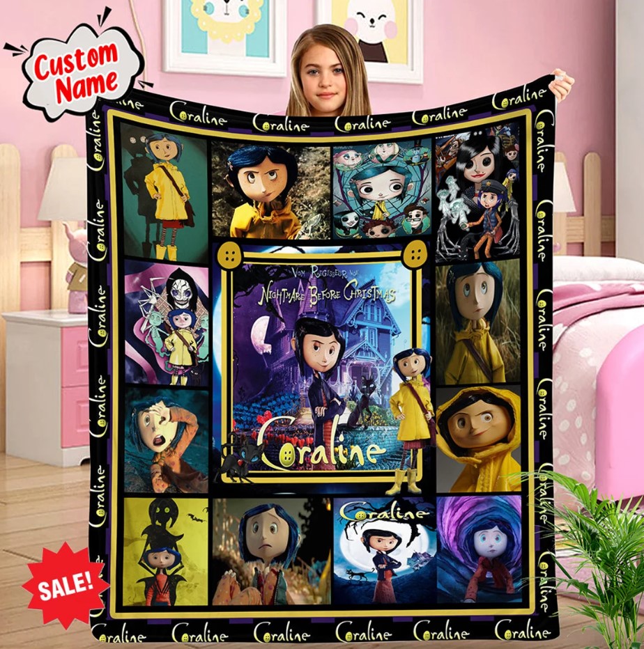 Personalized Coraline Movie Quilt Blanket Coraline Movie Coraline Fan Gifts Coraline Fleece Blaaket Custom Name Blanket